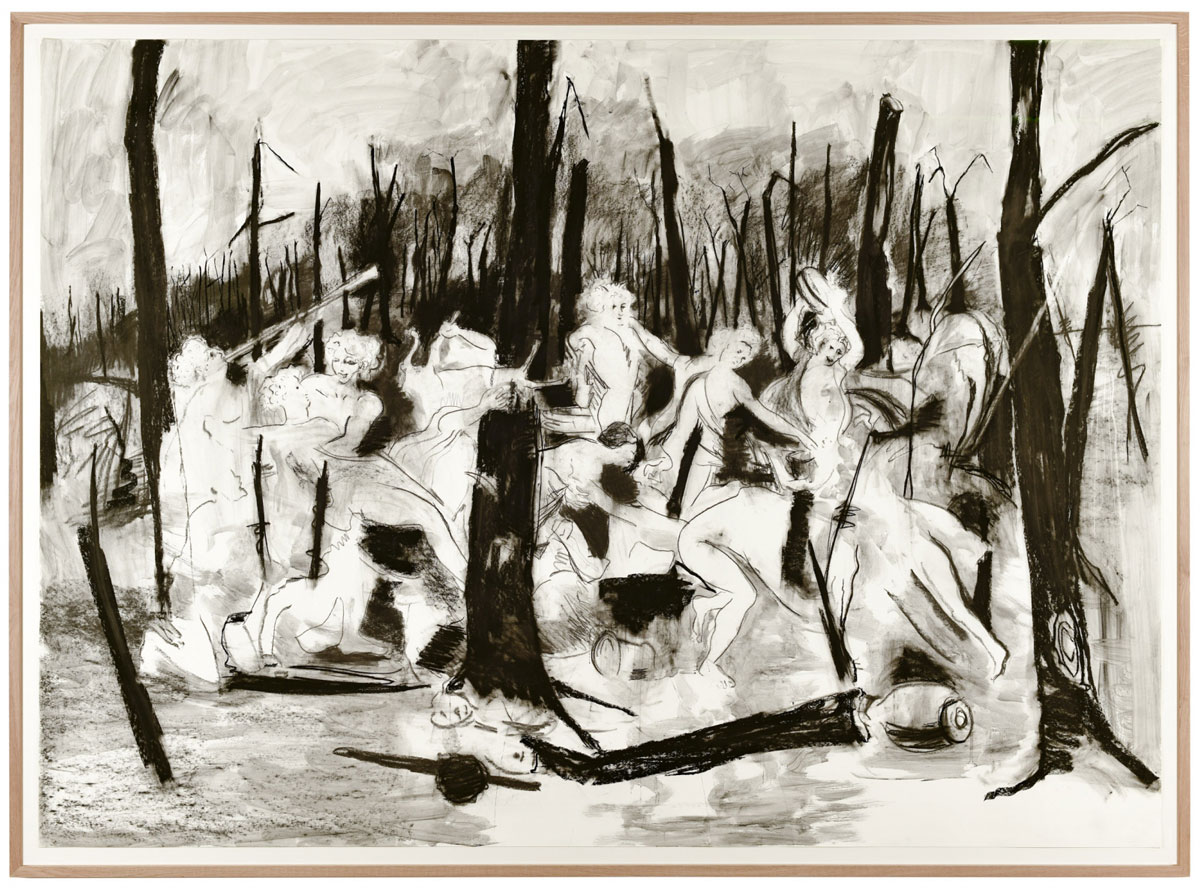 Uwe Wittwer, Im Wäldchen nach Poussin (Into the woods after Poussin), 2020, charcoal on paper, 191.5 x 261 cm, framed, © Uwe Wittwer, Courtesy the artist and Galerie Peter Kilchmann