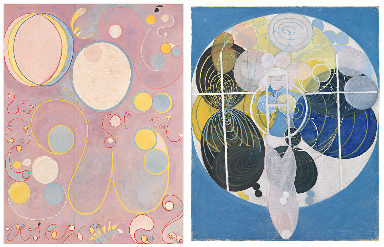 Left: Hilma af Klint, The Ten Largest, No. 8, Adulthood, 1907 © Stiftelsen Hilma af Klints Verk Right: Hilma af Klint, Hilma af Klint, The Large Figure Paintings, No. 5, 1907 © Stiftelsen Hilma af Klints Verk