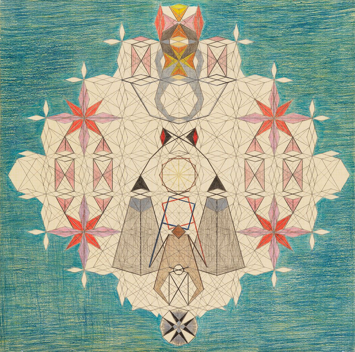 Emma Kunz, work, undated, Colored pencil and oil pastel on blue graph paper, 64 x 64 cm (sheet size), © Emma Kunz Foundation, Würenlos
