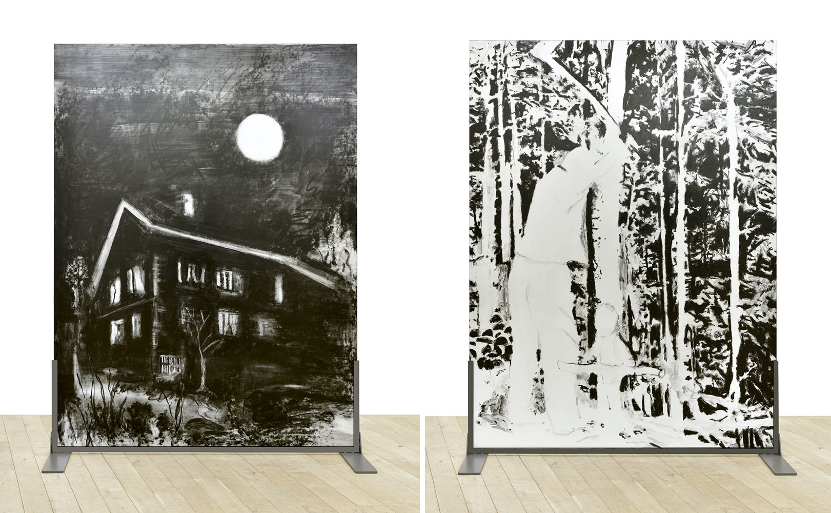 Left: Uwe Wittwer, Braumeisterhaus (Brewmaster's house), 2020, Glass, painted and burned, painted metal stand, 200 x 150 cm, © Uwe Wittwer, Courtesy the artist and Galerie Peter Kilchmann Right: Uwe Wittwer, Im Walde (In the Woods), 2020, Glass, painted and burned, painted metal stand, 200 x 150 cm, © Uwe Wittwer, Courtesy the artist and Galerie Peter Kilchmann