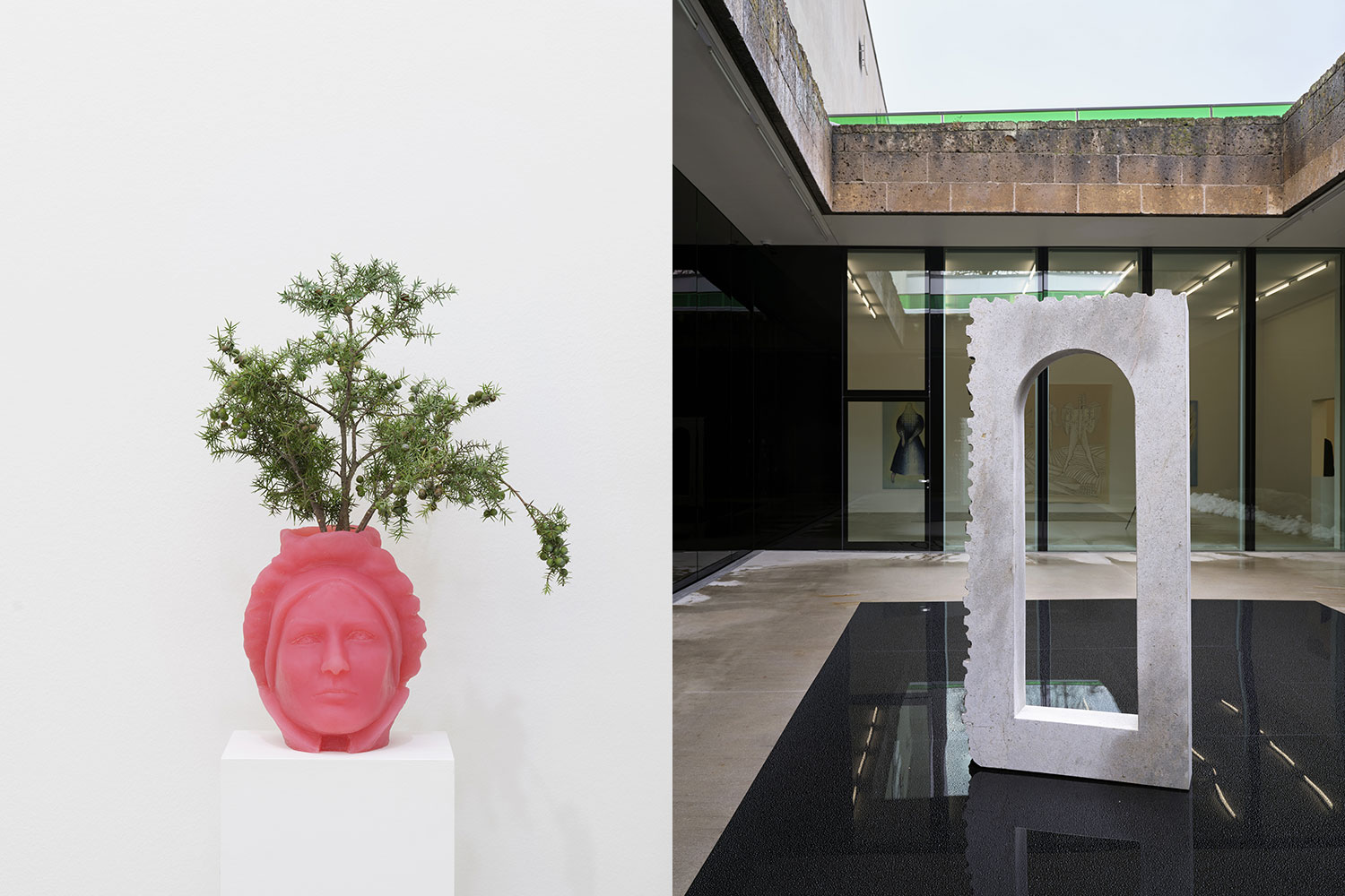 Left: Goshka Macuga, Emma Kunz, 2020, Rubber casting, 29 × 25.5 × 27 cm, Courtesy of Goshka Macuga, © 2021, ProLitteris-Zürich, Installation view Aargauer Kunsthaus-Aarau, 2021, Photo: Conradin Frei-Zurich, Courtesy Aargauer Kunsthaus Right: Lauryn Youden, Peering through a Half-Open Door, 2021, Sandstone from the Roman quarry, black Plexiglas, black window film, Mass variable, Courtesy of the artist, Installation view Aargauer Kunsthaus-Aarau, 2021, Photo: Conradin Frei-Zurich, Courtesy Aargauer Kunsthaus