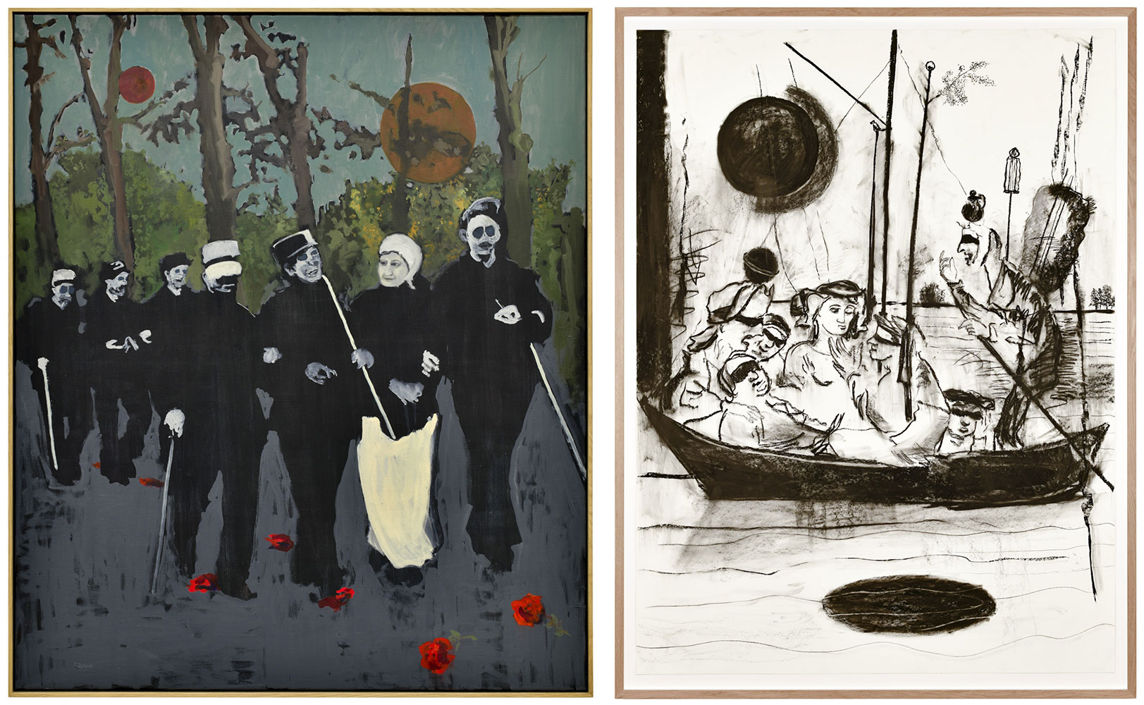 Left: Uwe Wittwer, Blinde im Wald (The Blinds in the Woods), 2020, Oil on canvas, 132.5 x 112.5 cm (52 1/8 x 44 1/4 in.), framed, © Uwe Wittwer, Courtesy the artist and Galerie Peter Kilchmann Right: Uwe Wittwer, Narrenschiff (Ship of Fools), 2020, Charcoal on paper, 192 x 145 cm, framed, © Uwe Wittwer, Courtesy the artist and Galerie Peter Kilchmann