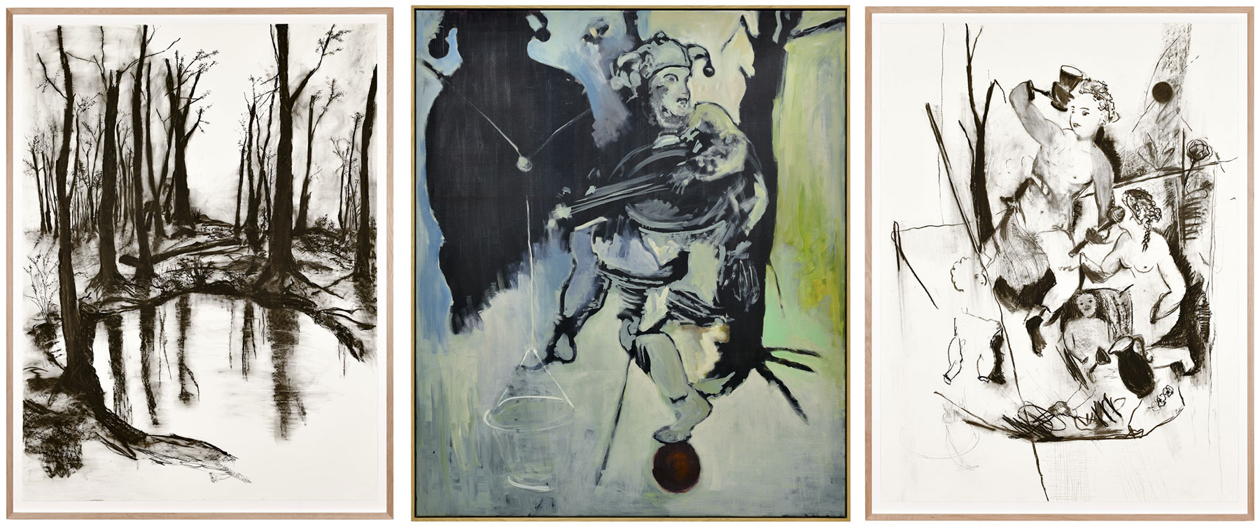 Left: Uwe Wittwer, äldchen (Copse), 2020, charcoal on paper, 192 x 145 cm, framed, © Uwe Wittwer, Courtesy the artist and Galerie Peter Kilchmann Center: Uwe Wittwer, Gaukler mit Schatten (Fool with Shadow), 2020, Oil on canvas, 132.5 x 112.5 cm (52 1/8 x 44 1/4 in.), framed, © Uwe Wittwer, Courtesy the artist and Galerie Peter Kilchmann Right: Uwe Wittwer, Trauriger Bacchus (Sad Bacchus), 2020, Charcoal on paper, 192 x 145 cm, framed, © Uwe Wittwer, Courtesy the artist and Galerie Peter Kilchmann
