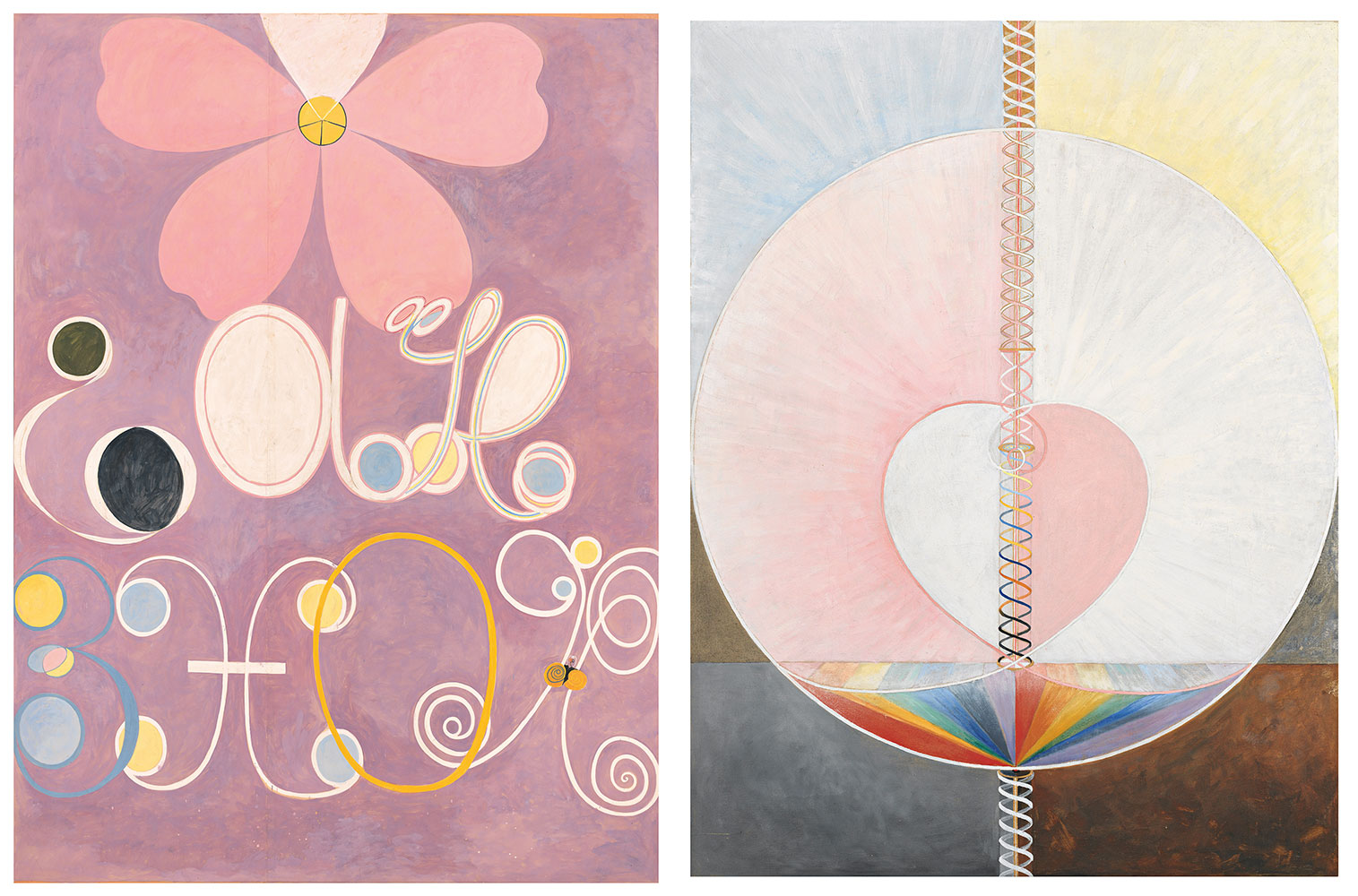 Left: Hilma af Klint, The Ten Largest, No. 5, Adulthood, 1907 © Stiftelsen Hilma af Klints Verk Right: Hilma af Klint, The Dove, No. 1, 1915 © Stiftelsen Hilma af Klints Verk