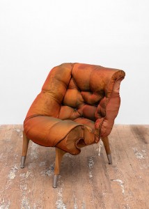 Jessi Reaves, Twice Is Not Enough (Red to Green Chair), 2016. Wood, sawdust, steel, foam, silk, leather, and cotton, 39 x 28 x 32 inches. Collection Hope Atherton and Gavin Brown-New York