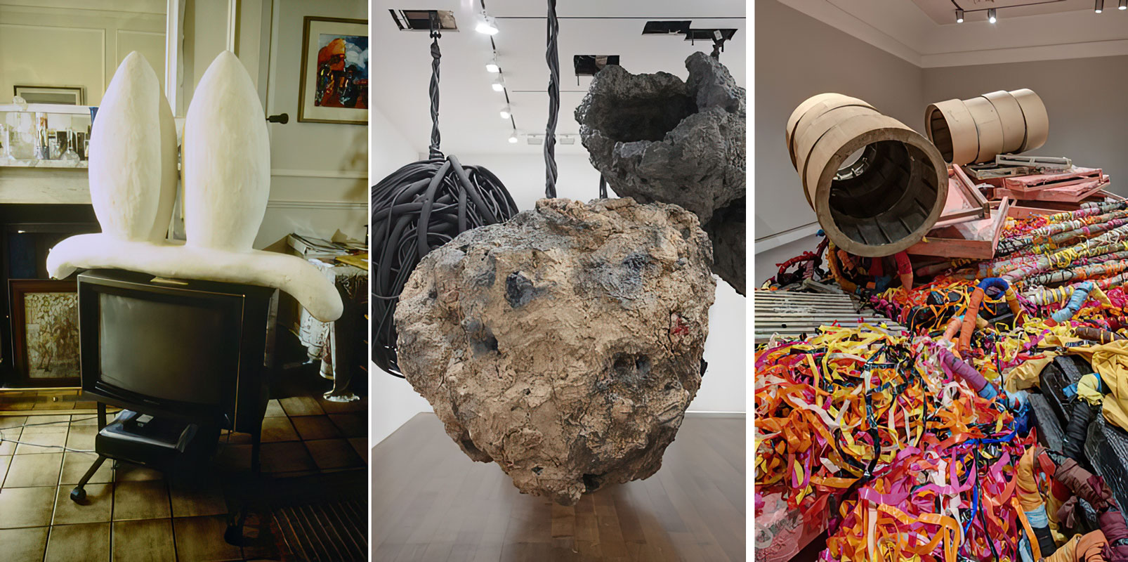 Left: Phyllida Barlow, Object for the television, 1994, Tate, London Center: Phyllida Barlow, untitled: hanginglump, 2, 2012 © Phyllida Barlow, Courtesy the artist and Hauser & Wirth, Photo: Genevieve Hanson Right: Phyllida Barlow, untitled: hoard (detail), 2013, Installation view, Norton Museum of Art, West Palm Beach FL, 2013 © Phyllida Barlow, Courtesy the artist and Hauser & Wirth Photo: Lila Photo