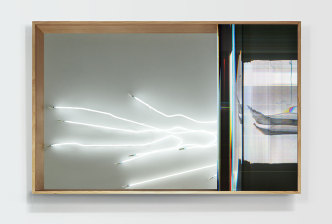 James Geurts, Flow Equation¬_1 of 4, 2021, neon, converters, exposed wires, photographic backlit prints include site actions with works on paper and reconfigured scanner, light boxes, series of 4, 200 x 140 x 17 cm each, Courtesy of the artist and GAGPROJECTS-Adelaide and Berlin