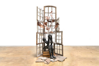 Chiffon Thomas, Untitled, 2021, Foam, wooden crate, silicone, charcoal dust, embroidery floss, wire, windows, cement, 88 x 43 x 43 inches, © Chiffon Thomas, Courtesy the artist and Kohn Gallery