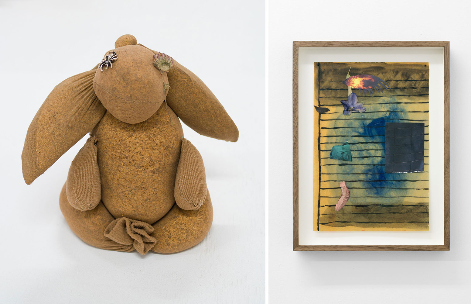 Left: Gabrielle L’Hirondelle Hill. Cousin. 2019. Pantyhose, tobacco, thistle, spider charm, dandelion, and thread, 6 × 4 × 7 1/16″ / 15.2 × 10.2 × 17.9 cm. Private Collection, Vancouver. Courtesy of the artist and Unit 17, Vancouver, and Cooper Cole, Toronto. © Gabrielle L’Hirondelle Hill Right: Gabrielle L’Hirondelle Hill. Spell #6, at the bus stop. 2019. Tobacco-infused Crisco oil, oil paint, magazine cutouts, and tobacco flower on paper, 13 × 9 3/4″ / 33 × 24.8 cm. Collection Denis Walz. Courtesy the artist and Unit 17, Vancouver, and Cooper Cole, Toronto. © Gabrielle L’Hirondelle Hill