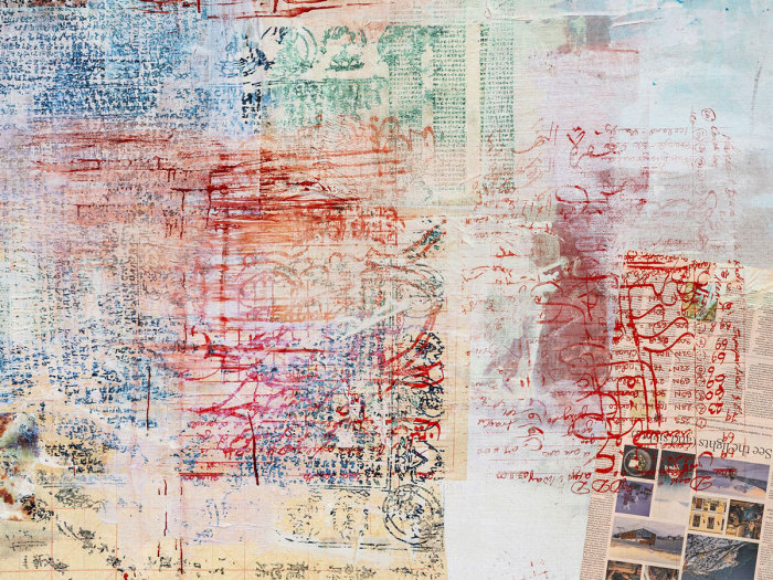 Mandy El-Sayegh, transliterated cut script (detail), 2021, Oil and mixed media on silkscreened linen, 57.48 x 61.42 inches / 146 x 156 cm, Photo: Damian Griffiths, © Mandy El-Sayegh, Courtesy the artist and Lehmann Maupin Gallery