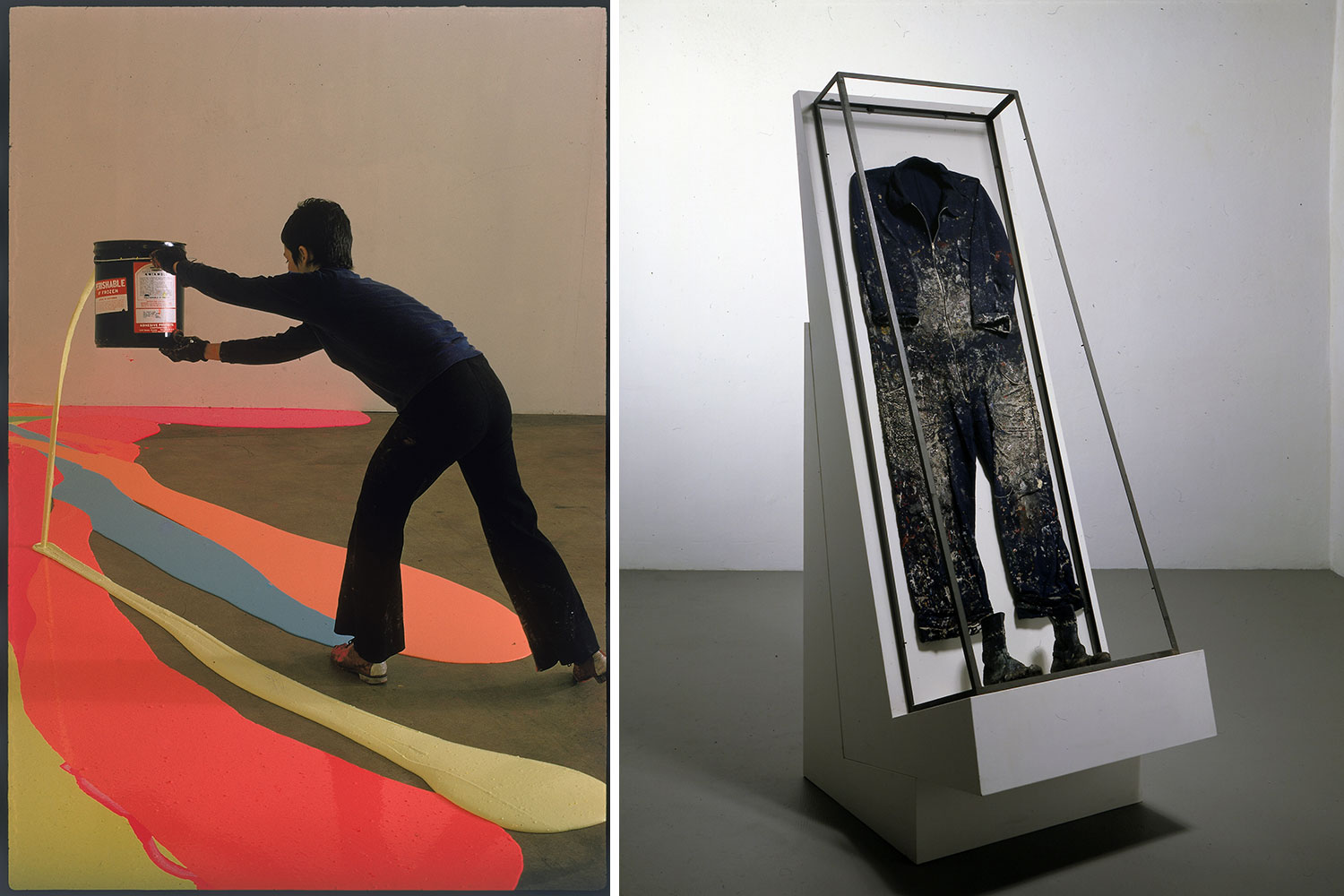 Left: Lynda Benglis at work, Photo: Henry Groskinsky, Collection: The LIFE Picture Collection, Via Getty Images Right: Michelangelo Pistoletto, Vetrina (Oggetti in meno 1965 – 1966), 1965-66, Wood, iron, clothes, 235 x 100 x 80 cm, Collezione Cittadellarte – Fondazione Pistoletto-Biella, Photo: P. Pellion