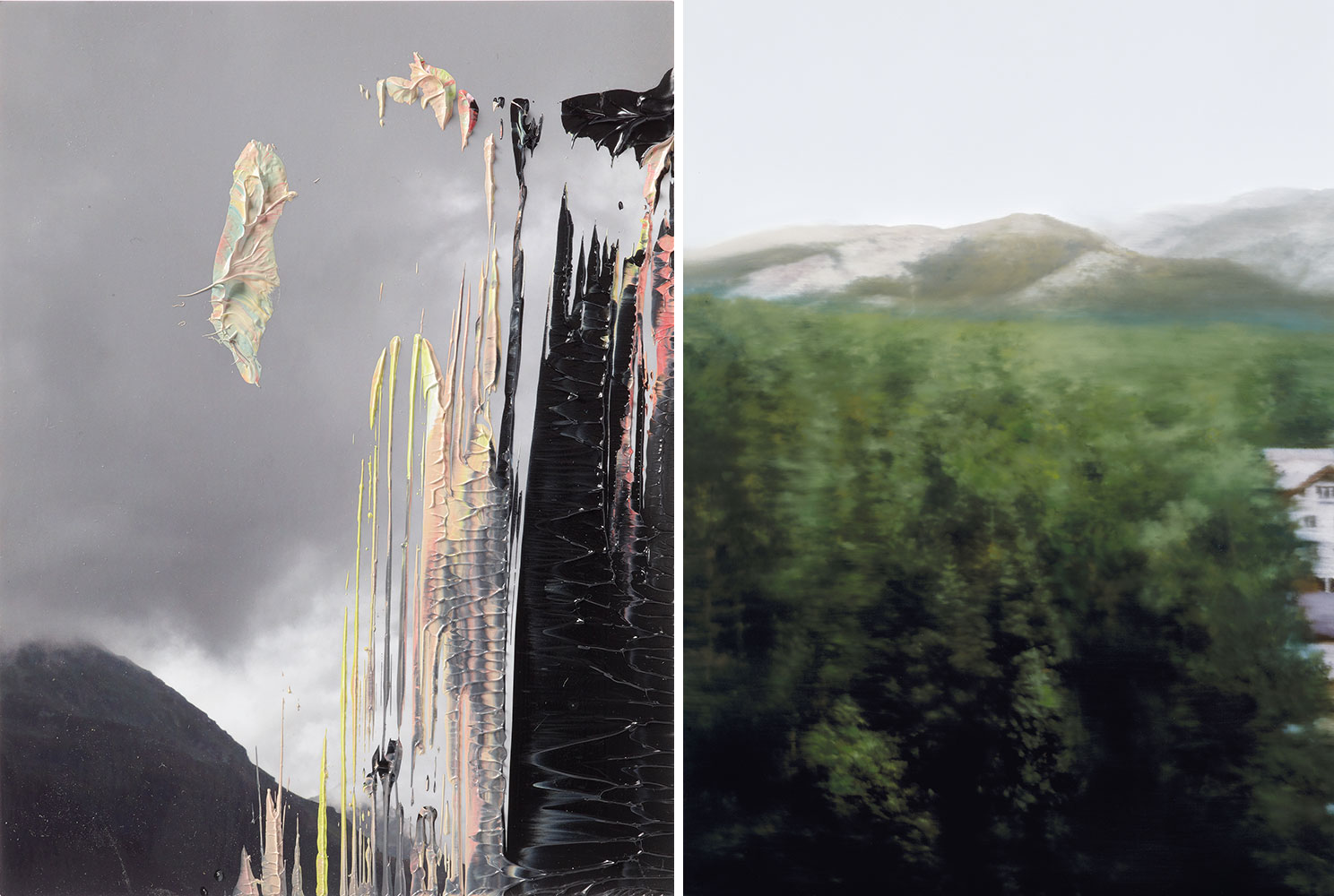 Left: Gerhard Richter, 8. Juni 2016 (7), 2016, Oil on photography, 16,7 × 12,7 cm, Private collection Right: Gerhard Richter, House in Forest, 2004, Oil on canvas, 126 × 92 cm, Private Collection