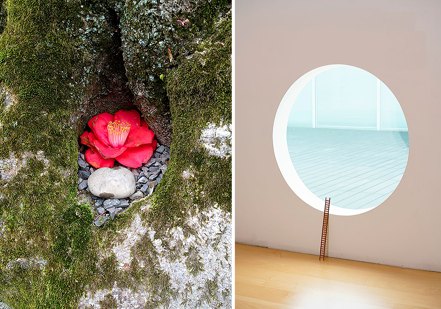 Left: KOYAMADA Toru, Pilgrimage, Make-Believe Play, 2017, Collection of the Artist Right: TAKADA Akiko & Masako, A Ladder (Ruler I), 2019, Collection of the Artist, Photo: NAGATSUKA Hideto