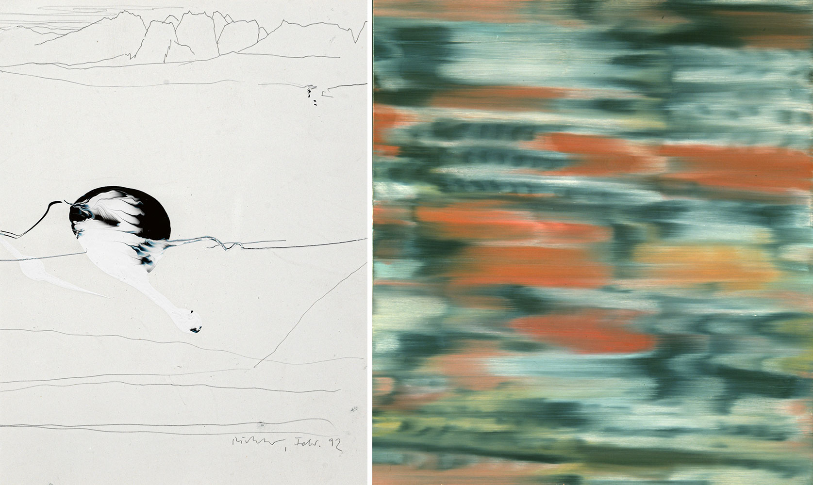 Left: Gerhard Richter, Untitled (Febr. 92), 1992, Graphite and lacquer on cardboard, 21 × 16 cm, Private Collection; photo: Achim Kukulies Right: Gerhard Richter, Townscape PX, 1968, Oil on canvas, 101 × 91 cm, Bayerische Staatsgemäldesamm-lungen, München, Wittelsbacher Ausgleichfonds – Sammlung Prinz Franz von Bayern, 1984; Photo: Blauel / Gnamm