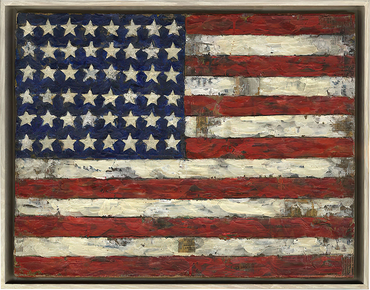 Elaine Sturtevant, John’s Flag, 1966, Encaustic and collage on canvas mounted on board, 34 x 44 cm, Collection Thaddaeus Ropac-London/Paris/Salzburg, © Sturtevant Estate, Paris Image: © Sturtevant Estate, Paris; Photo: Ulrich Ghezzi