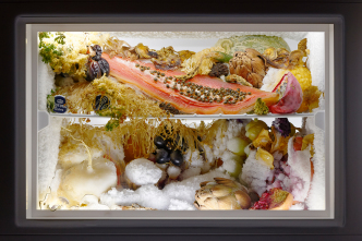 ADRIÁN VILLAR ROJAS, UNTITLED (FROM THE SERIES « RINASCIMENTO »), 2015-2021), Melon, celery, white shimejis, coriander, white and black grapes, yams, morilles, enoki mushrooms, eggplants, papayas, black radish, pomegranates, lion’s mane mushrooms, Corona beer bottle, passion fruits, citrons, asparagus, pink radish, curly parsley, red cabbages, nameko, grapefruits, 160 × 45 × 57 cm, Courtesy of the artist, Marian Goodman Gallery and kurimanzutto, Photo credit : Aurélien Mole