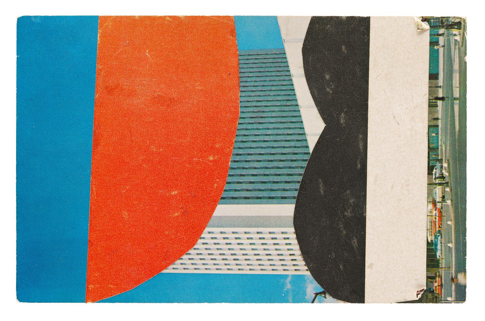 Ellsworth Kelly, Columbus Circle, 1957, postcard collage, 3 1/2; x 5 1/2; inches, collection of Ellsworth Kelly Studio and Jack Shear, © Ellsworth Kelly Foundation