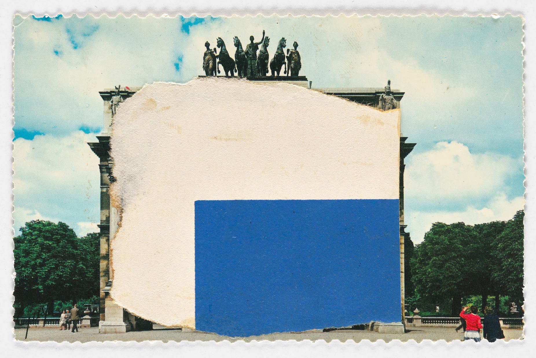 Ellsworth Kelly, Study for Blue and White Sculpture for Les Tuileries, 1964, postcard collage, 3 1/2; x 5 1/2 inches, collection of Ellsworth Kelly Studio and Jack Shear, © Ellsworth Kelly Foundation