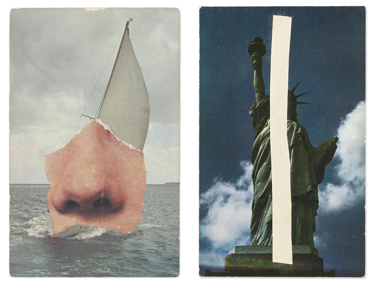Left: Ellsworth Kelly, Nose / Sailboat, 1974, 5 1/2; x 3 1/2; inches, collection of Ellsworth Kelly Studio and Jack Shear, © Ellsworth Kelly Foundation Right: Ellsworth Kelly, Statue of Liberty, 1957, postcard collage, 5 1/2; x 3 1/2; inches, collection of Ellsworth Kelly Studio and Jack Shear, © Ellsworth Kelly Foundation