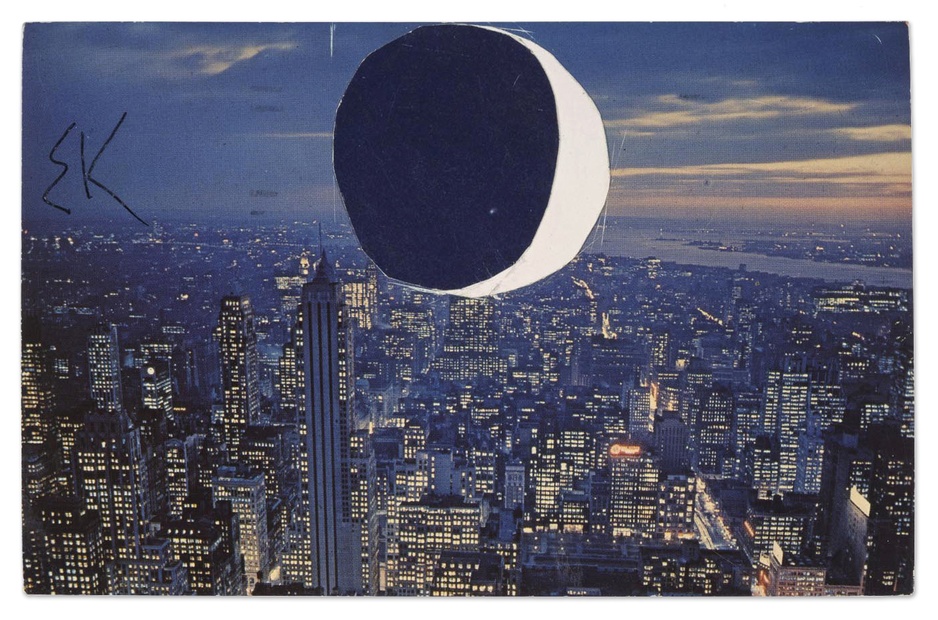 Ellsworth Kelly, Moon Over Manhattan, 1964, postcard collage, 3 1/2; x 5 1/2; inches, private collection, © Ellsworth Kelly Foundation