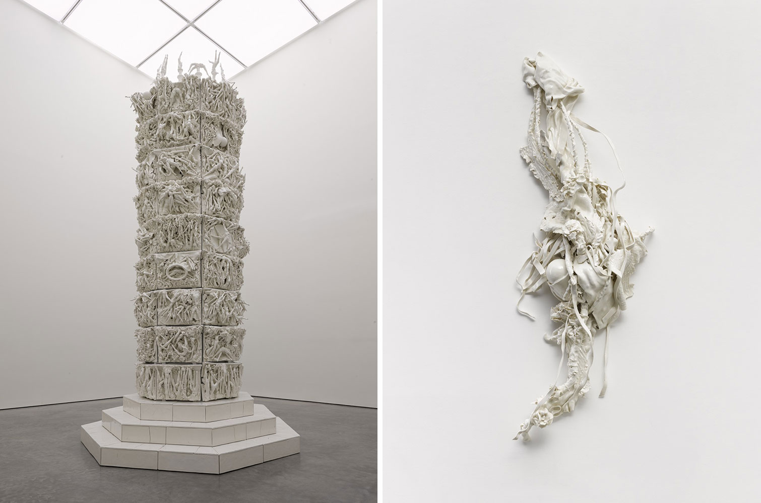 Left: Rachel Kneebone, 399 Days, 2012–2013, Porcelain and mild steel, 212 5/8 × 113 × 111 7/16 in. (540 × 287 × 283 cm), © Rachel Kneebone, Courtesy the artist and white Cube Gallery Right: Rachel Kneebone, Rib, 2019, Porcelain, steel and adhesive, 71 5/8 × 25 9/16 × 11 in. (182 × 65 × 28 cm), © Rachel Kneebone, Courtesy the artist and white Cube Gallery