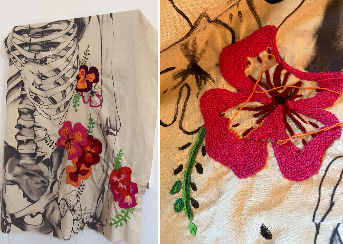 Aikaterini Kanakaki, After I die (detail on the right), 2021, Drawing transfer from print to cloth and embroidery, 120cm X 160 cm, © & Courtesy the artist