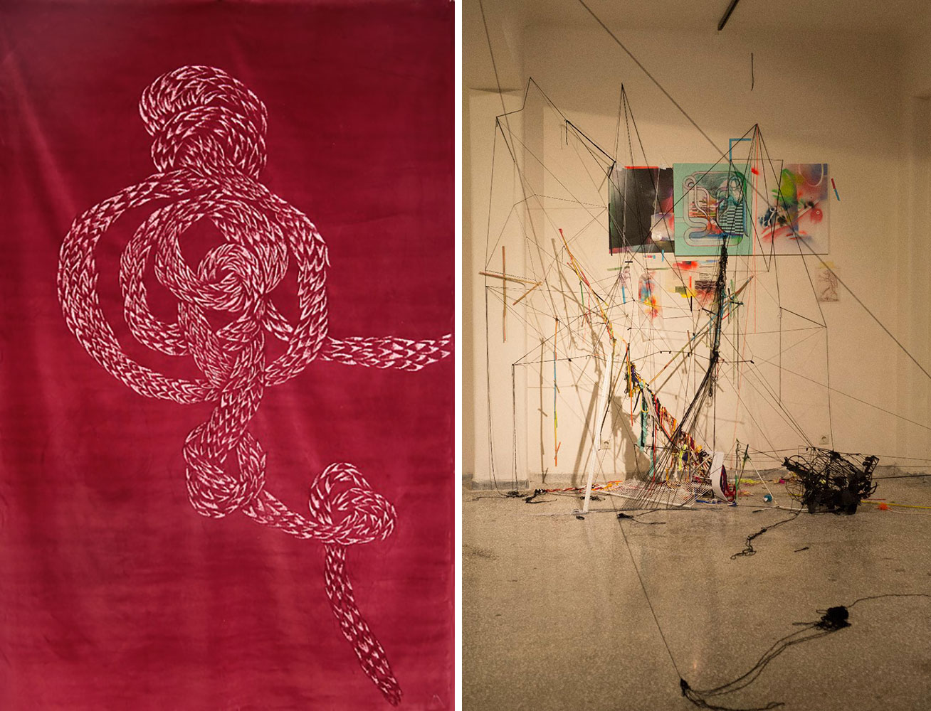 Left: Maro Michalakakos, peau de serpent, Velvet shaved with surgical tools. 120 Χ 140 cm, © & Courtesy the artist Right: Eleni Kotsoni, Mitos, Mixed media, Variable dimensions, © & Courtesy the artist