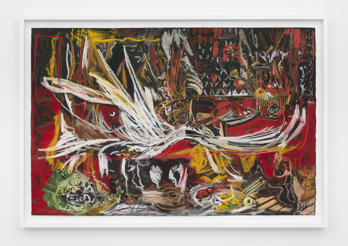 Cecily Brown, The tortoise-shell puss, 2020-2021, Pastel on paper, 31 1/2 x 47 1/2 inches (40.6 x 50.8 cm), 35 3/8 x 51 1/2 x 2 1/2 inches (89.9 x 130.8 x 6.4 cm) framed, © Cecily Brown, Courtesy the artist and Gladstone Gallery