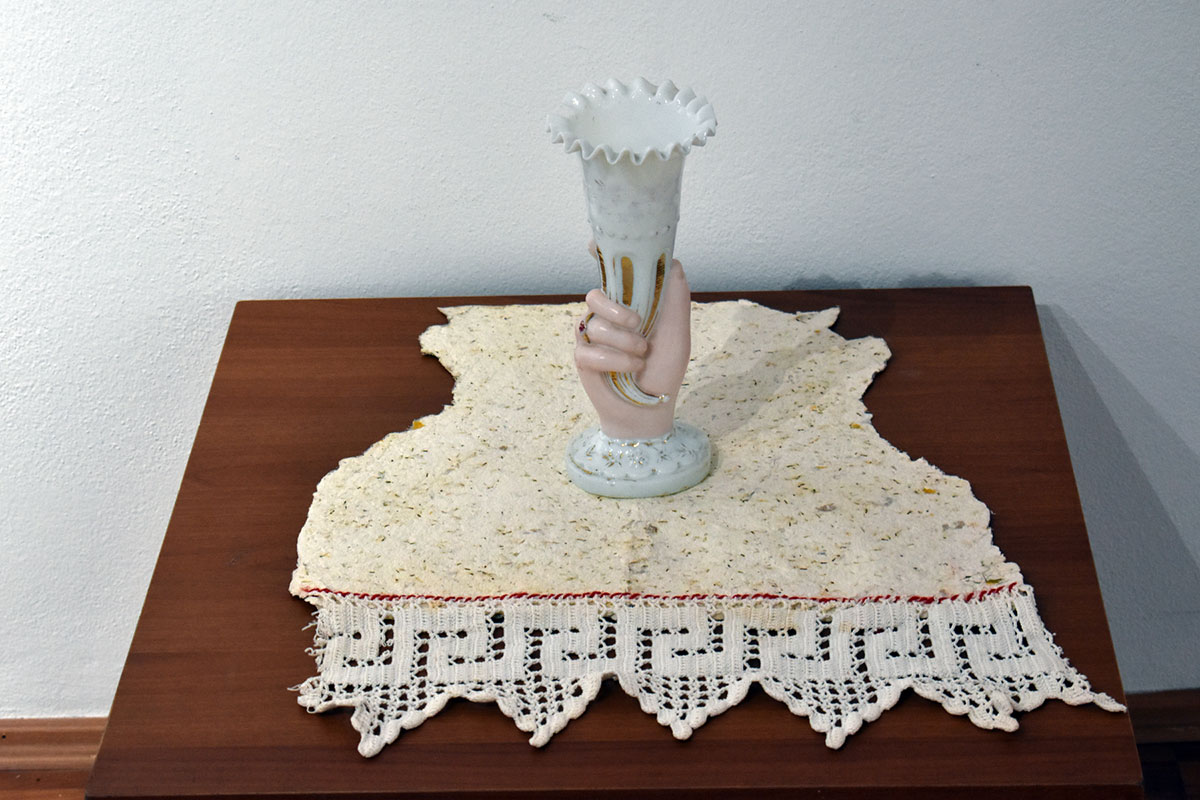 Maria-Marika Koenig, Untitled, 2021, Antique Lace Sewn On Handmade Recycled paper, 46 x 52 x 30 cm, © the artist, Photo: Dimitris Lempesis