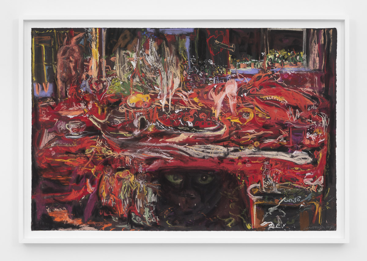 Cecily Brown, Pronkstilleven, 2020-2021, Pastel on paper, 31 1/2 x 47 1/2 inches (80 x 120.7 cm), 35 3/8 x 51 1/2 x 2 1/2 inches (89.9 x 130.8 x 6.4 cm) framed, © Cecily Brown, Courtesy the artist and Gladstone Gallery