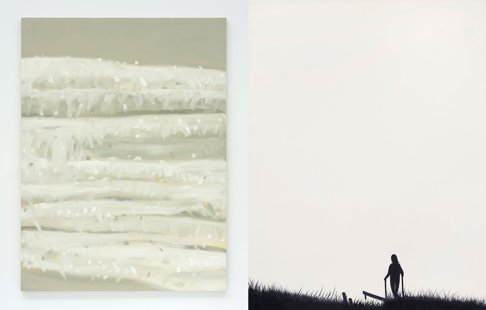 Left: Alex Katz, Ostend 1, 2003, Oil on linen, 243,8 x 182,9 cm (96 x 72 in), © Alex Katz / Adagp, Paris, 2021, Courtesy Thaddaeus Ropac London/Paris/Salzburg/Seoul, Photo: Paul Takeuchi Right: Alex Katz, Black Ada (aka Silhouette 3), 1997, Oil on linen, 320 x 243,8 cm (126 x 96), © Alex Katz / Adagp, Paris, 2021, Courtesy Thaddaeus Ropac London/Paris/Salzburg/Seoul, Photo: Paul Takeuchi