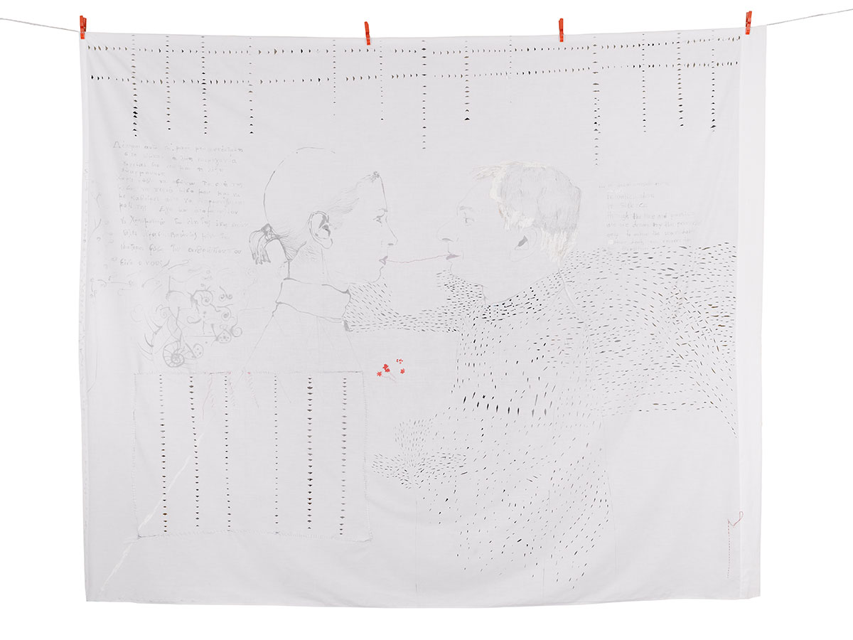 Spiridoula Politi, Untitled, 2010, sheet of artist's dowry, thread, textile colοr, 200 x 250 cm, © & Courtesy the artist