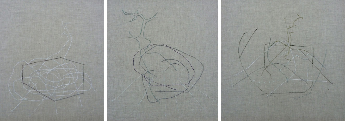 Left to right: Ioanna Myrka, Bonsai Body ΙΙ, Bonsai Body ΙΙΙ & Bonsai Body IV, Yarn on canvas, 70 x 70 cm each, © & Courtesy the artist
