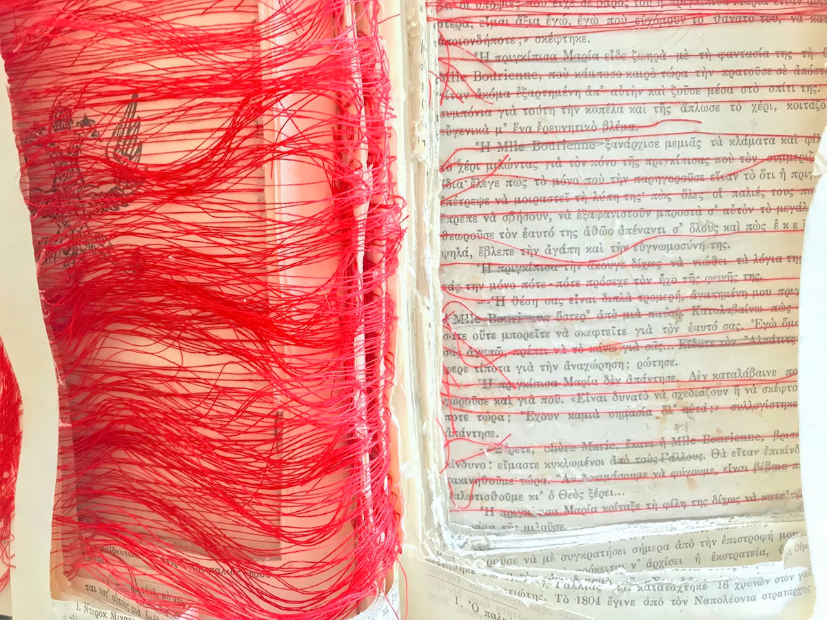 Eleftheria Stoikou, War & Peace, 2021, Artistic intervention with thread, in the book “War and Peace” (1863 by Leon Tolstoy, © & Courtesy the artist