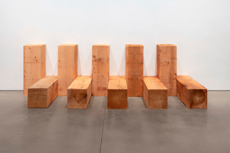 Carl Andre, 5VCEDAR5H – 2021, 10 units, each: 91.4 x 30.5 x 30.5 cm; overall: 91.4 x 91.4 x 304.8 cm - Western red cedar, © 2021 Carl Andre / Artists Rights Society (ARS), New York. Courtesy Paula Cooper Gallery, New York