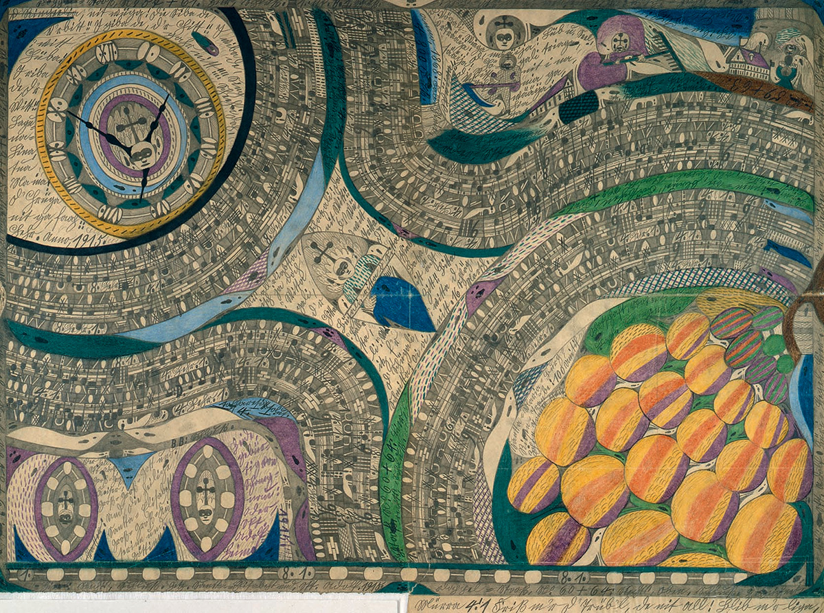 Adolf Wolfli, Santta=Maria=Burg=Riesen=Traube: 100 Unitif Zohrn tons, 1915, Pencil and coloured pencil on newsprint; 72 x 100,5 cm, © Kunstmuseum Bern