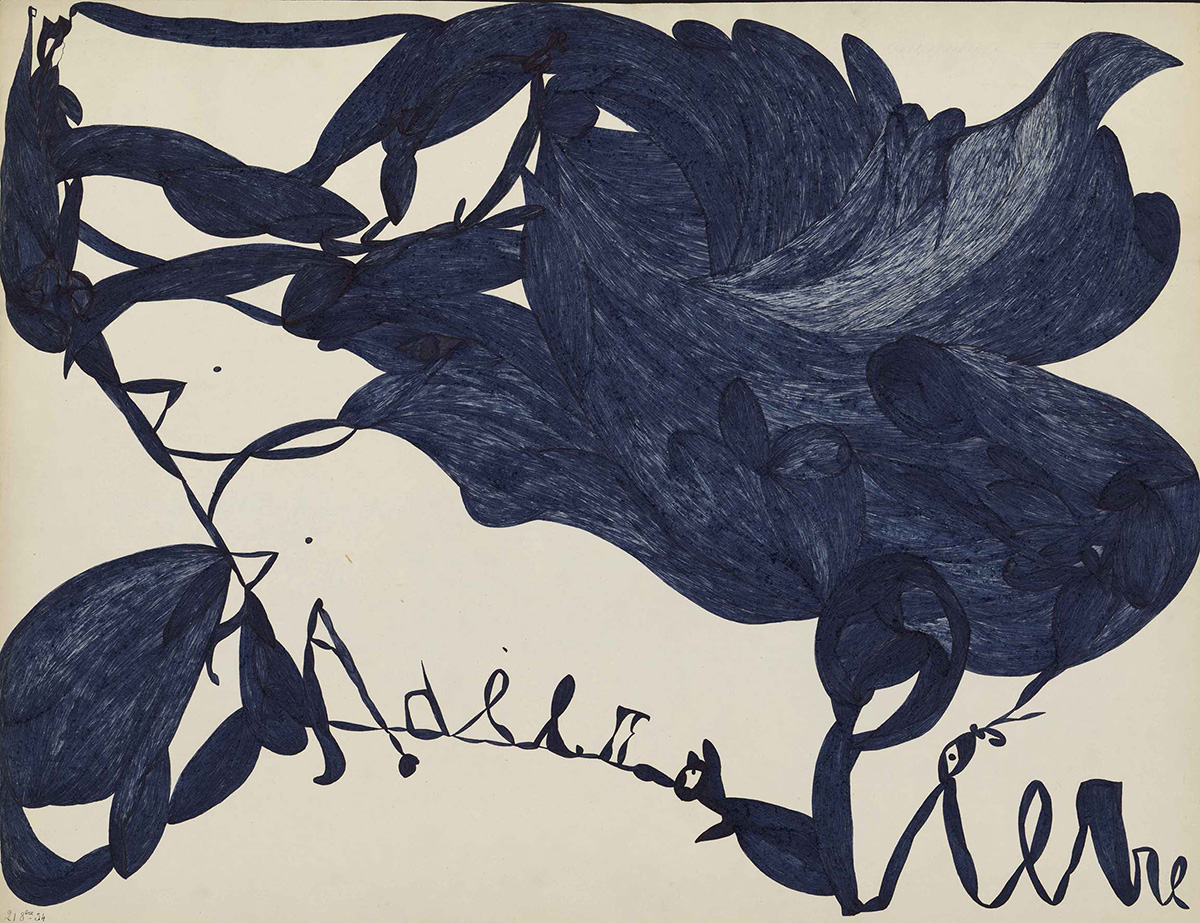 Laure Pigeon, Lili, Adele, Pierre, undated, Blue ink on paper; 49 x 64 cm, © Collection de l'Art Brut, Lausanne