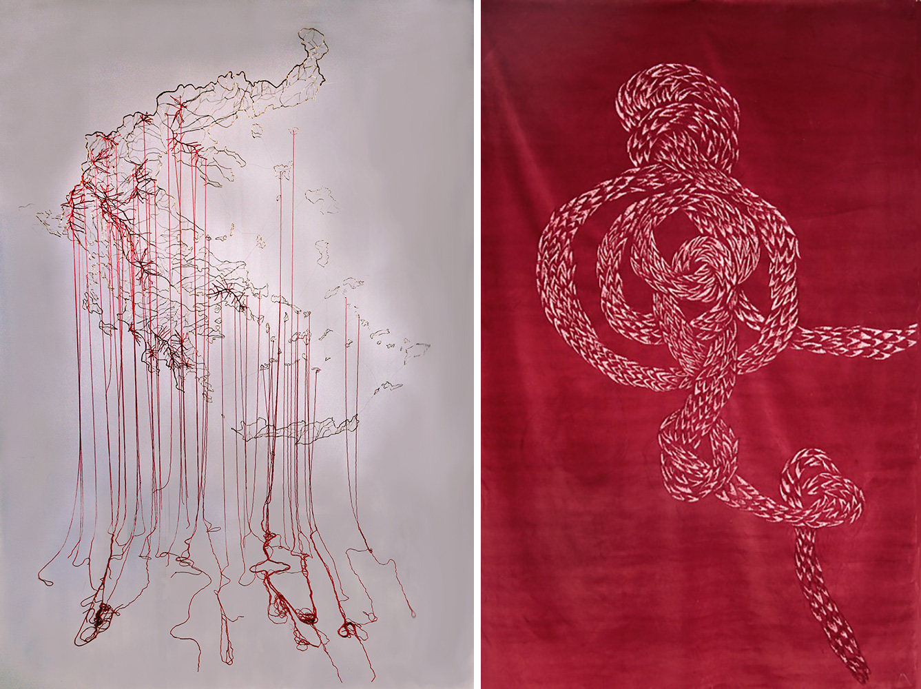 Left: Annita Argiroiliopoulou, 1946-1949, 2019, Mixed media, metal, threads, steel rod, 200 Χ 200 cm, © & Courtesy the artist Right: Maro Michalakakos, peau de serpent, Velvet shaved with surgical tools, 120 Χ 140 cm, © & Courtesy the artist