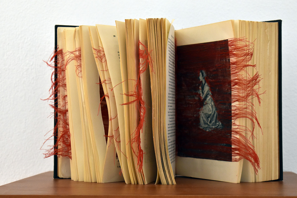 Eleftheria Stoikou, War & Peace, 2021, Artistic intervention with thread, in the book “War and Peace” by Leon Tolstoy, © Eleftheria Stoikou, Photo: Dimi-tris Lempesis