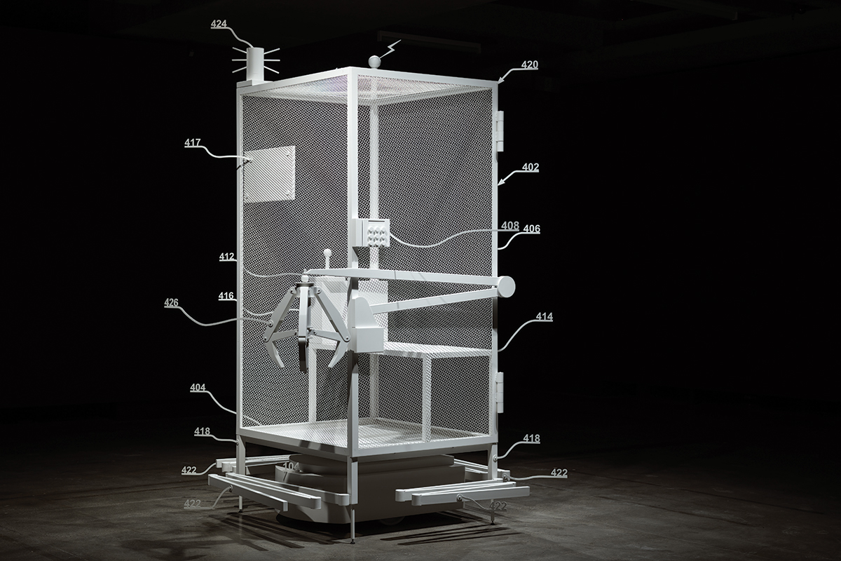 Simon Denny, Amazon worker cage patent drawing as virtual Aquatic Warbler cage, 2020 | Courtesy of Kunstsammlung Nordrhein-Westfalen | © Jesse Hunniford/MONA