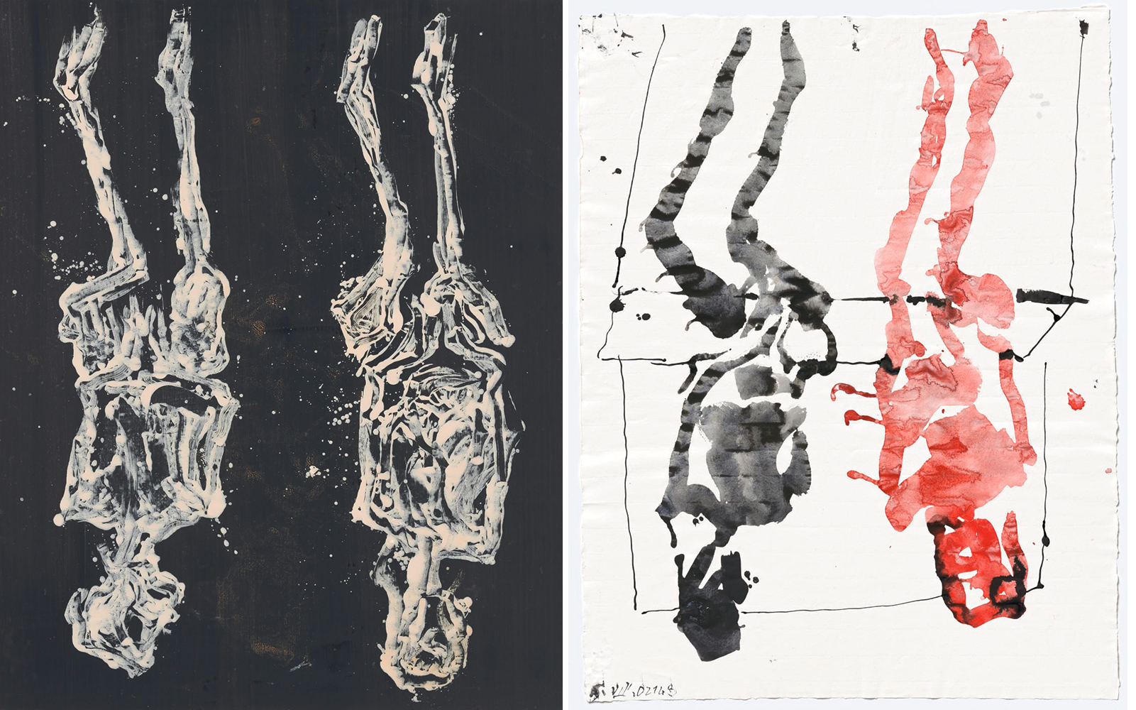 Left: Georg Baselitz, Am Abend Tanz, 2021, Oil on canvas, 250 x 200 cm, © Georg Baselitz, Courtesy the artist and Gallerie Thaddaeus Ropac. Right: Georg Baselitz, Untitled, 2021, Red and black ink on paper, 66.1 x 51.1 cm, © Georg Baselitz, Courtesy the artist and Gallerie Thaddaeus Ropac