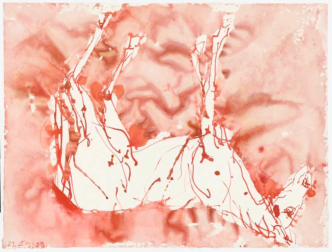 Georg Baselitz, Untitled, 2021, Red and black ink on paper, 50.4 x 66.7 cm, © Georg Baselitz, Courtesy the artist and Gallerie Thaddaeus Ropac
