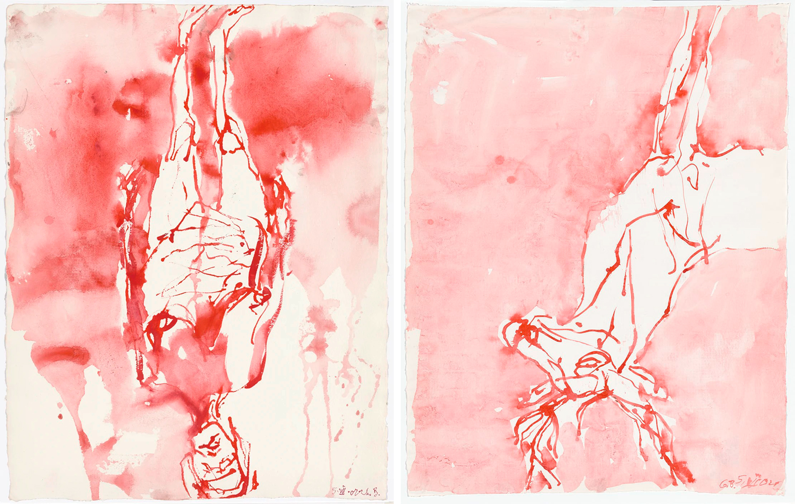 Left: Georg Baselitz, Untitled, 2021, Red and black ink on paper, 66.9 x 51.5 cm, © Georg Baselitz, Courtesy the artist and Gallerie Thaddaeus Ropac. Right: Georg Baselitz, Untitled, 2021, Red and black ink on paper, 66.1 x 51.4 cm, © Georg Baselitz, Courtesy the artist and Gallerie Thaddaeus Ropac