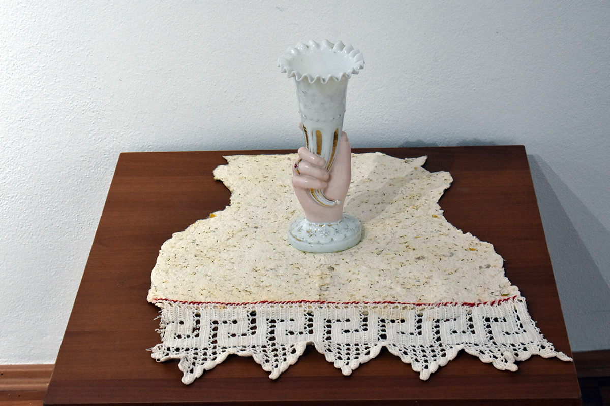 Maria-Marika Koenig, Untitled, 2021, Antique Lace Sewn On Handmade Recycled paper, 46 x 52 x 30 cm, © the artist, Photo: Dimitris Lempesis