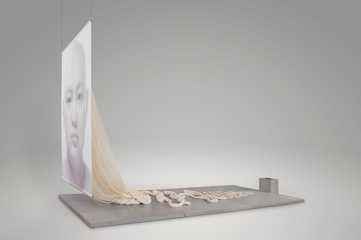 Lin Tianmiao, Braiding, 1998, Digital print on fabric, cotton thread, and single-channel digital video (black and white, silent), M+ Sigg Collection, Hong Kong. By donation, © Lin Tianmiao , Photo: Dan Leung, M+