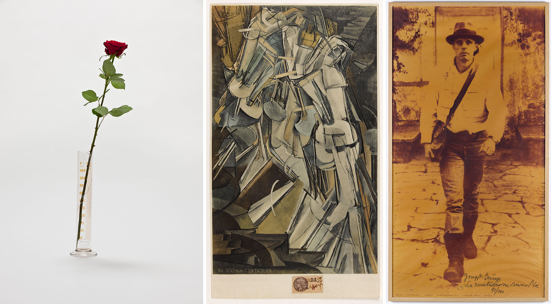 Left: Joseph Beuys, Rose für direkte Demokratie (Rose for Direct Democracy), 1973, measuring cylinder (glass) with incised writing, certificate on printed letterhead, measuring cylinder: 33.5 × 5 cm (diameter); certificate: 29.5 × 21 cm, unlimited, No. 1–440 signed and numbered on certificate, with handwritten addition: “Rose,” stamped from copy 441 facsimile certificate, published by Edition Staeck, Heidelberg, Sammlung Ballmann, © VG Bild-Kunst, Bonn 2021, photo: Frank Kleinbach, Stuttgart Center: Marcel Duchamp, Nu descendant un escalier (Nude Descending a Staircase), 1937, collotype and pochoir on paper, 35 × 19.8 cm, Staatliche Schlösser, Gärten und Kunstsammlungen Mecklenburg-Vorpommern, Staatliches Museum Schwerin, © Association Marcel Duchamp, ADAGP, Paris / VG Bild-Kunst, Bonn 2021, photo: Staatliche Schlösser, Gärten und Kunstsammlungen Mecklenburg-Vorpommern, Staatliches Museum Schwerin / Fotoagentur nordlicht Right: Joseph Beuys, La rivoluzione siamo Noi (We Are the Revolution), 1972, silk screen on polyester with handwritten text, stamped, 191 × 100 cm, copy 13/180 + 18 a. p., signed and numbered, published by Modern Art Agency, Naples, and Edition Tangente, Heidelberg, Collection Thaddaeus Ropac, London, Paris, Salzburg, Seoul, © VG Bild-Kunst, Bonn 2021, photo: Ulrich Ghez