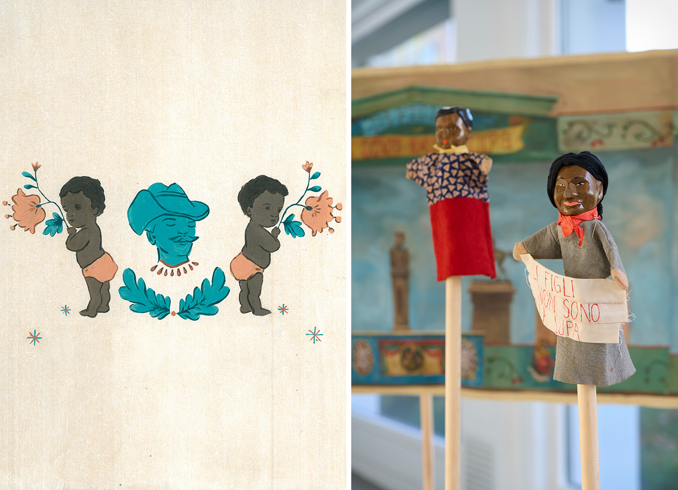 Left: Daniela Ortiz, Kölnischer Kunstverein, 2021., © Daniela Ortiz, Courtesy the artist and Kölnischer Kunstverein Right: Daniela Ortiz: The children are not of the wolf, 2021. Detail. Installation view Kölnischer Kunstverein, 2021. Courtesy: the artist and àngels, barcelona. Photo: Mareike Tocha.