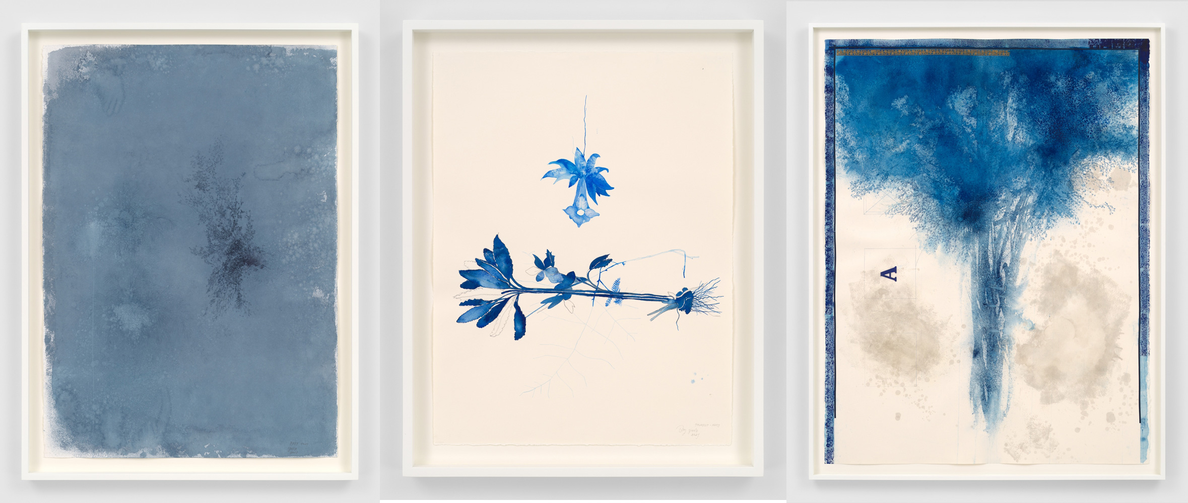 Left: Ricardo Brey, Gaze, 2021Mixed media on paper, 39 1/4 x 27 3/4 in (99.7 x 70.5 cm), 43 1/8 x 31 5/8 x 2 in framed (109.5 x 80.3 x 5.1 cm framed), © Ricardo Brey, Courtesy the artist and Alexander Gray Associates Center: Ricardo Brey, Trumpet Roots, 2021, Gouache and pencil on paper, 26 x 19 3/4 in (66 x 50.2 cm), 29 3/4 x 23 1/2 x 2 in framed (75.6 x 59.7 x 5.1 cm framed), © Ricardo Brey, Courtesy the artist and Alexander Gray Associates Right: Ricardo Brey, Foggy, 2020, Mixed media on paper, 63 x 48 in (160 x 121.9 cm), 67 1/4 x 52 1/4 x 2 in framed (170.7 x 132.7 x 5.1 cm framed), © Ricardo Brey, Courtesy the artist and Alexander Gray Associates
