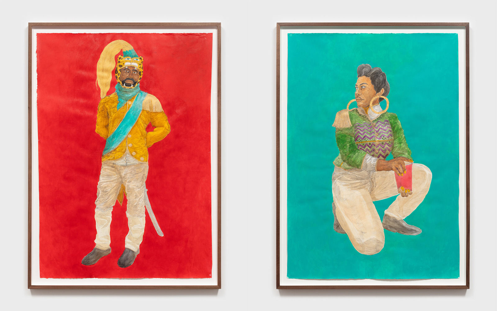 Left: Umar Rashid, Jaguar Jairo, former captain of the Company Cazador elite forces of New Spain reflecting on his decision to defect to the rebels. Having made “peace” with the action, but acutely aware of the violent tempest to come, he wants to disappear or become a god., 2021, Ink and acrylic on paper, 55 3/8 x 40 1/4 x 2 inches framed, Photo: Josh Schaedel, © Umar Rashid, Courtesy the artist and Blum & Poe Gallery Right: Umar Rashid, A young Griselda on her way to becoming an older, wiser, and infinitely more powerful Griselda, crouching in anticipation of a come up or a let down., 2021, Ink and acrylic on paper, 55 3/8 x 40 1/4 x 2 inches framed, Photo: Josh Schaedel, © Umar Rashid, Courtesy the artist and Blum & Poe Gallery
