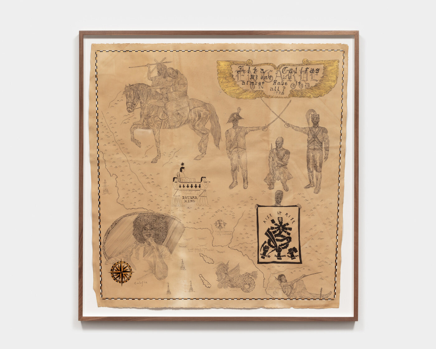 Umar Rashid, Didn’t we almost have it all? Map of Alta California. 1795, 2021, Ink, coffee, tea, and acrylic on paper, 49 1/8 x 47 3/8 x 2 inches framed, Photo: Josh Schaedel, © Umar Rashid, Courtesy the artist and Blum & Poe Gallery